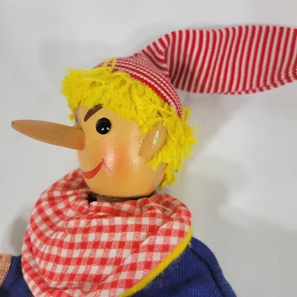 Vintage Pinocchio Puppet Hand Painted Wooden Face Yellow Hair Fabric Body - Picture 6 of 10
